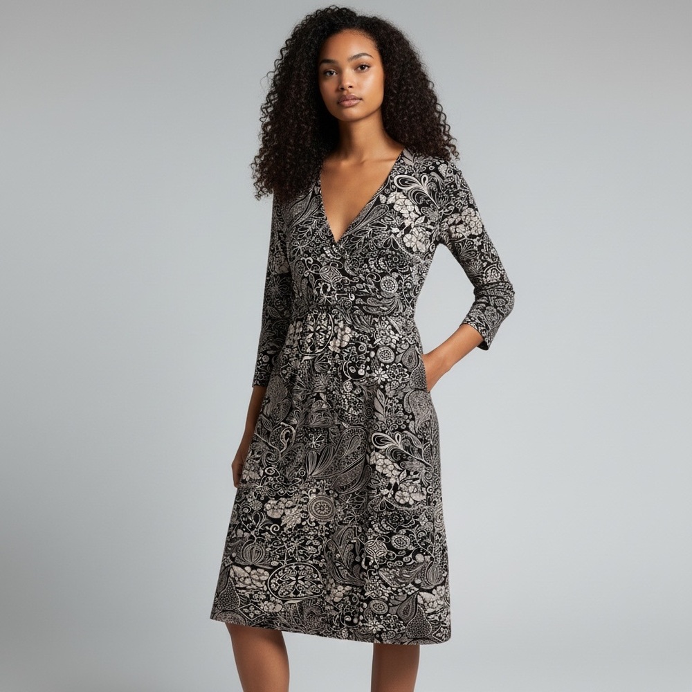 Athleta Black Tan Paisley Faux Wrap Dress Medium 37068 Made in Portugal Stretchy